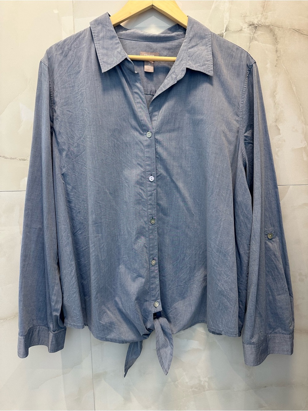 Chico'sTie-Front Blue Cotton Chambray Button-Up Shirt Blouse Women’s size 3